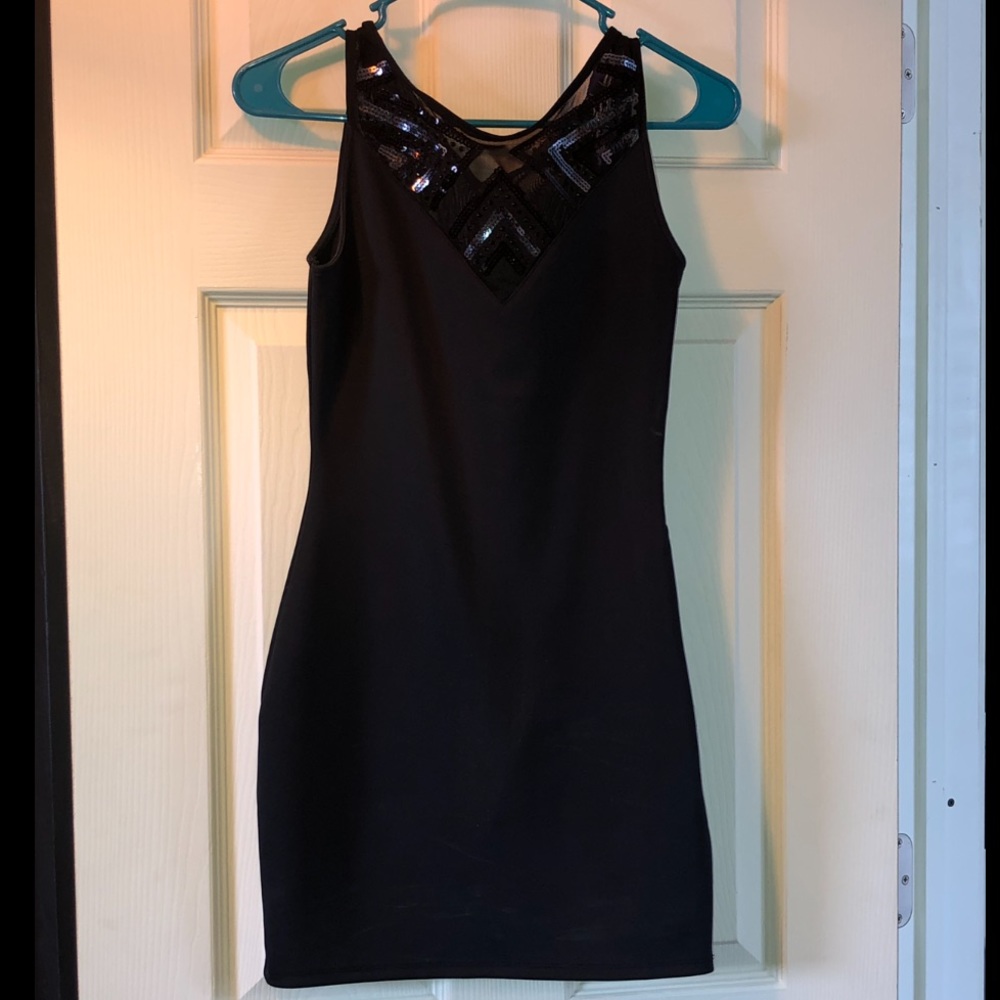Sequined Mesh Trimmed Black Mini Dress